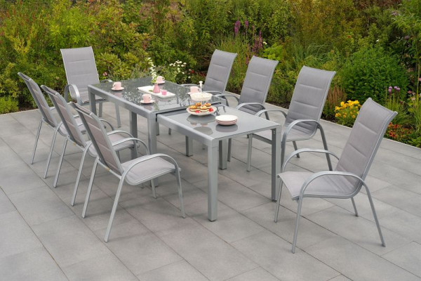 Merxx Amaro Set 9-teilig, 8 Amaro Stapelsessel, hohe Lehne, gepolstert, 1 Flex Ausziehtisch 160/160 x 78/75 x78/74,5 cm, Silber/diamantbraun, 50704-330