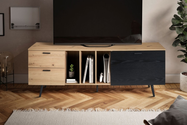 Wohnling Lowboard Eiche-Dekor Schwarz 150x55x40 cm Design TV-Kommode Modern, TV-Schrank Hoch, Fernsehtisch mit Tür & Schubladen, WL6.820
