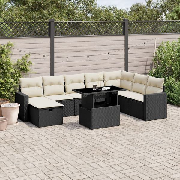 vidaXL 9-teilig Garten-Sofagarnitur mit Kissen Schwarz Poly Rattan, 3274866