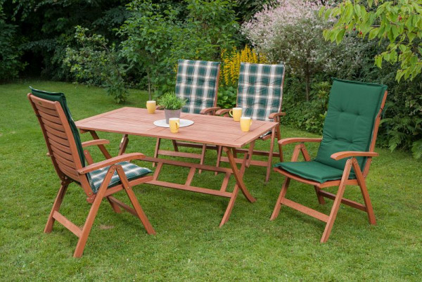 Merxx La Plata Set 9-teilig, 4 La Plata Klappsessel, 4 Wendekissen, grün uni / grün kariert, 1 Klapptisch, 160 x 90 cm, 50029-100