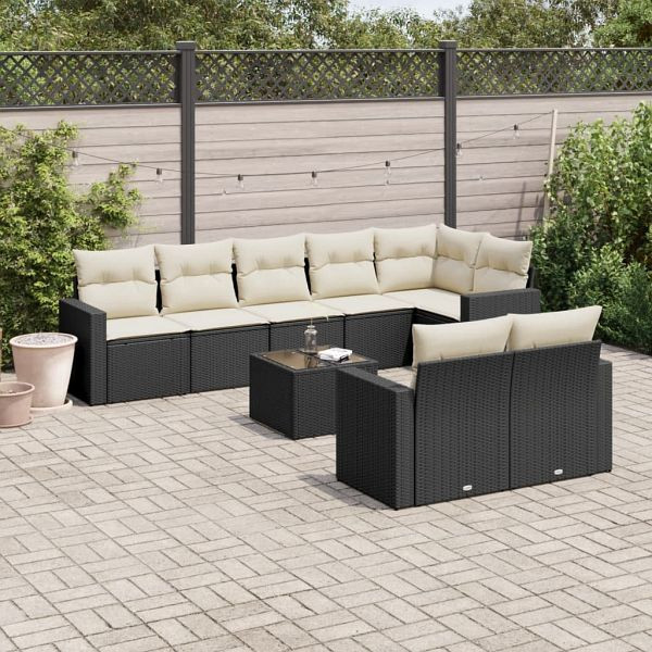 vidaXL 9-teilig Garten-Sofagarnitur mit Kissen Schwarz Poly Rattan, 3219216