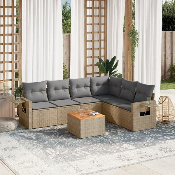 vidaXL 7-teilig Garten-Sofagarnitur mit Kissen Beige Poly Rattan, 3224582