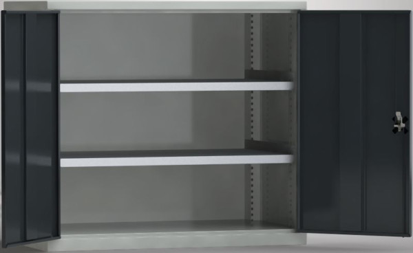 KLW Schwerlastschrank 1000x1108x656mm (HxBxT) mit abschließbaren Flügeltüren, 2 verstellbare Fachböden je 200 kg Tragkraft, 7FW-PP1000TD-2002XPB