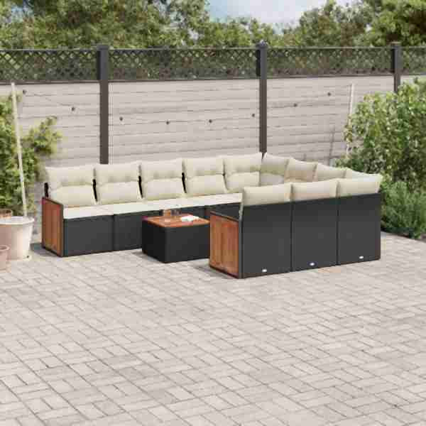 vidaXL 11-tlg. Garten-Sofagarnitur mit Kissen Schwarz Poly Rattan, UV-beständig, 3228023