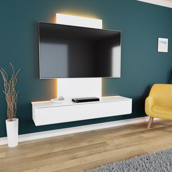 TroniTechnik TV-Lowboard TV Möbel hängend mit LED-Beleuchtung Wohnschrank Wohnzimmer Schrankwand Wohnwand Mediawand Hochglanz weiß 140 cm x 38,5 cm, 3999