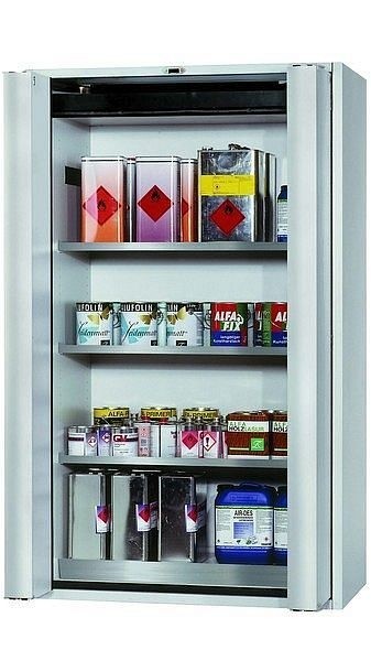 asecos Sicherheitsschrank S-PHOENIX touchless-90, S90.196.120.FDAO in lichtgrau RAL 7035 mit 3x Fachboden (Edelstahl), 30120-001-30135