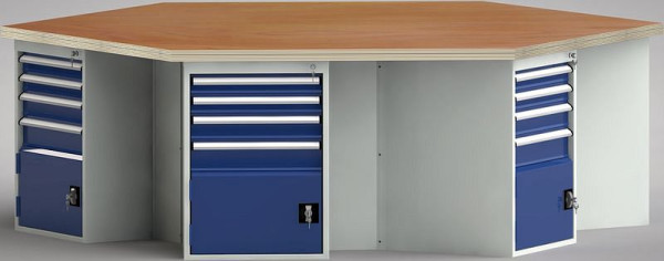 KLW PROFI-Werkbank in Sechseckform (ERGO-Version) mit Buchen-Multiplexplatte in 6-Eck-Form 2338 x 2700 x 45 mm L x B x S, WP620E-1350M45-E8009