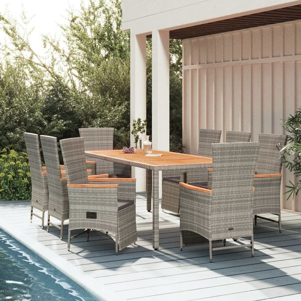 vidaXL 9-teilig Garten-Essgruppe mit Kissen Grau Poly Rattan, 3157560