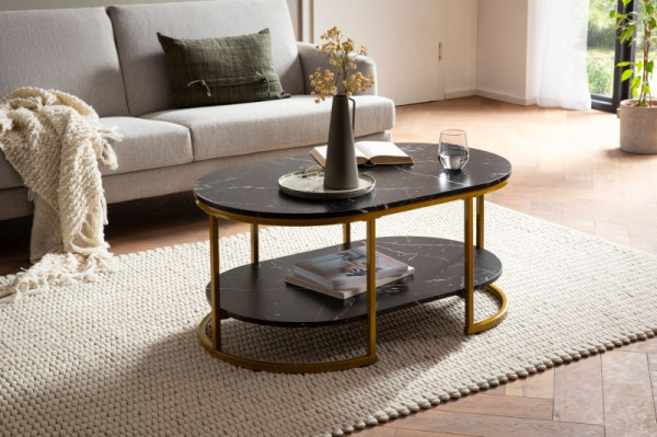 Wohnling Couchtisch 100x60x45cm Schwarz mit Marmor Optik, Wohnzimmertisch Rechteckig, Sofatisch mit Ablage, Kaffeetisch mit goldenem Metallgestell, WL6.896