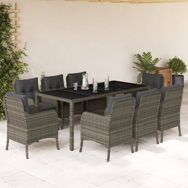 vidaXL 9-teilig Garten-Essgruppe mit Kissen Grau Poly Rattan, 3211859