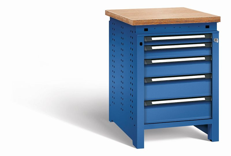 Otto Kind Werkbank Serie function Typ 109, Multiplexplatte, bündig, 5 Schubladen, mit Zentralverschluss, komplett RAL 5010, 072326113