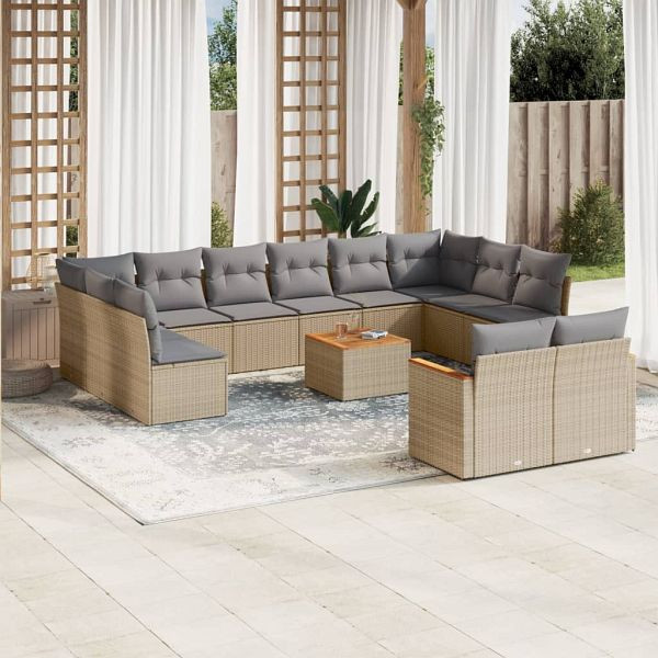 vidaXL 13-teilig Garten-Sofagarnitur mit Kissen Beige Poly Rattan, 3226451