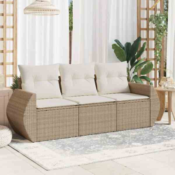 vidaXL 3-tlg. Garten-Sofagarnitur mit Kissen Beige Poly Rattan, UV-beständig, 3221057