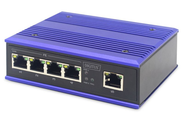DIGITUS Industrieller 5-Port Fast Ethernet Switch DIN rail, erweiterter Temperaturbereich, Unmanaged, DN-650105
