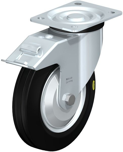 Blickle L-RD 200K-FI-FA Stahlblech-Lenkrolle, mittelschwere Ausführung, mit Anschraubplatte & Feststeller, Zweikomponenten-Vollgummi, Schwarz, 37986