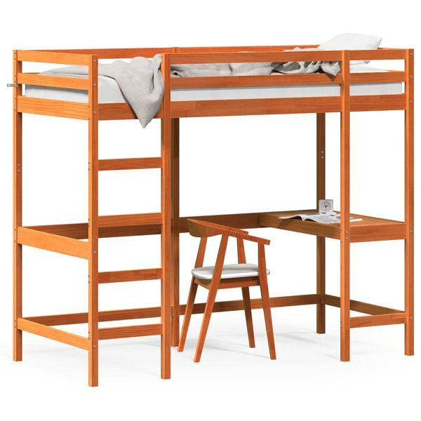 vidaXL Hochbett mit Schreibtisch Wachsbraun 90x200cm Massivholz Kiefer, 842853