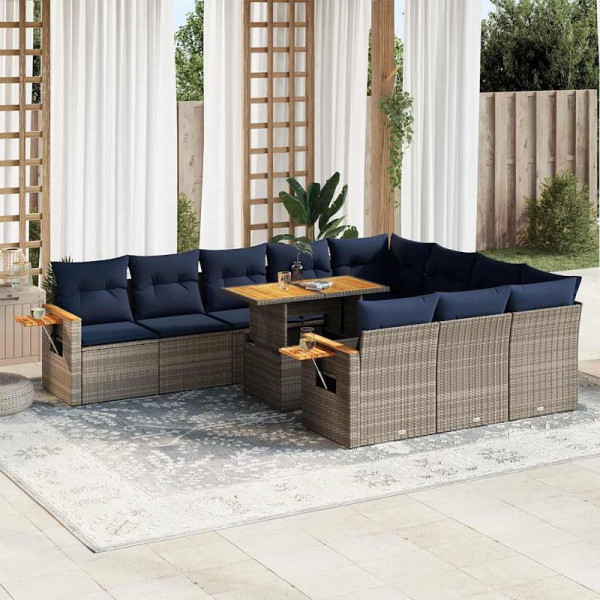 vidaXL 11-teilige Garten-Sofagarnitur mit Kissen Grau Poly Rattan Akazie, 3327652