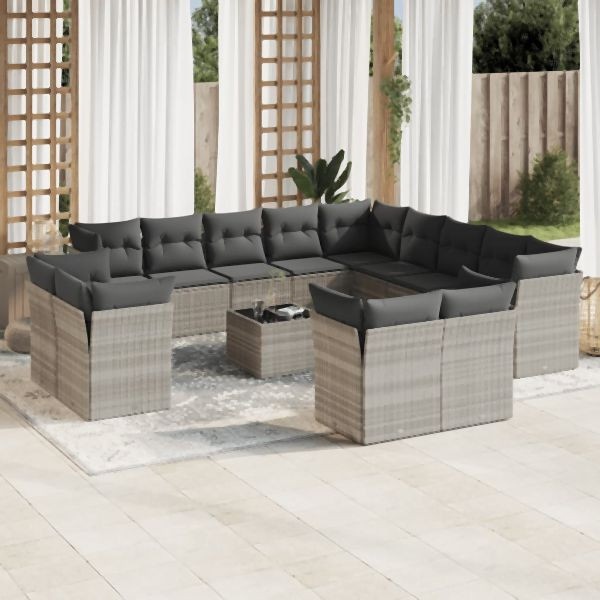 vidaXL 14-tlg. Garten-Sofagarnitur mit Kissen Hellgrau Poly Rattan, 3218562
