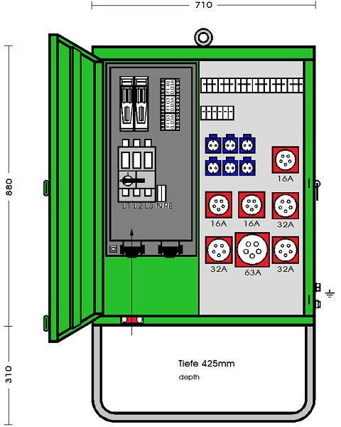 Elektra Tailfingen Verteilerschrank 69 kVA mit 2 RCD Typ B und RCD Typ A, 7 CEE-Abgänge 16-63A und 6 Schutzkontakt-Steckdosen, V 100N/A/6331-3, 183264