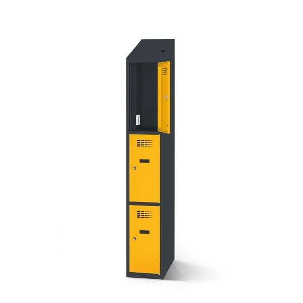 Rotstahl Fächerschrank, 3 Fächer, Stollenfüße, mit Ladefunktion, Schrägdach, Korpus: anthrazitgrau, Türen: verkehrsgelb, 2180-010300-0402112-7016-1023