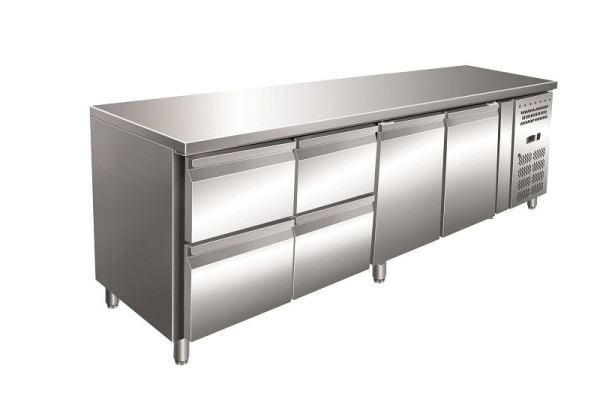 Gastro-Inox Edelstahl GN Kühltisch mit 2 Türen und 4 Schubladen, Umluftkühlung, 202.244