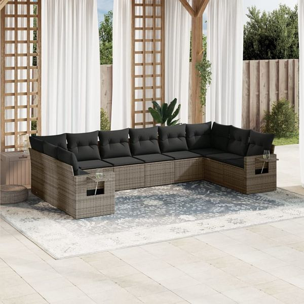vidaXL 10-teilig Garten-Sofagarnitur mit Kissen Grau Poly Rattan, 3253007