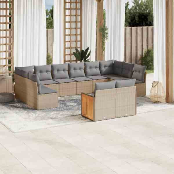 vidaXL 12-tlg. Garten-Sofagarnitur mit Kissen Beige Poly Rattan, UV-beständig, 3228124