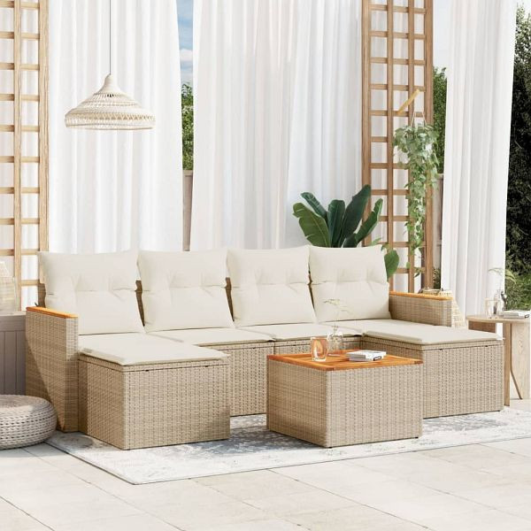vidaXL 7-teilig Garten-Sofagarnitur mit Kissen Beige Poly Rattan, 3226226