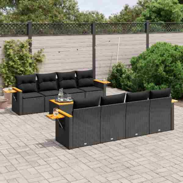 vidaXL 9-tlg. Garten-Sofagarnitur mit Kissen Schwarz Poly Rattan, UV-beständig, 3259059