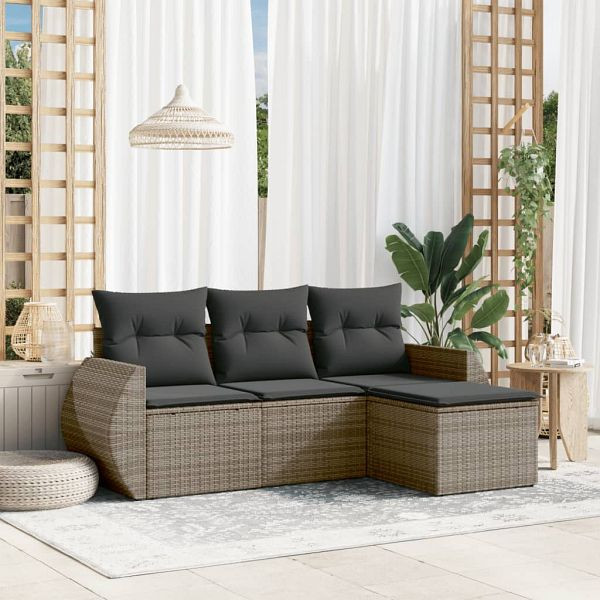 vidaXL 4-teilig Garten-Sofagarnitur mit Kissen Grau Poly Rattan, 3221269