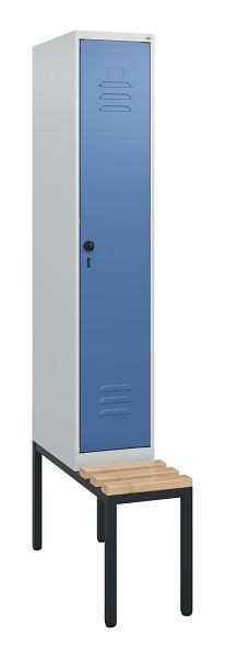 C+P Umkleidespind Classic PLUS, mit untergebauter Sitzbank, 1950x300x815mm, 7035/5023, Drehriegel, Buche-Sitzleisten, 0800505-10 S10005