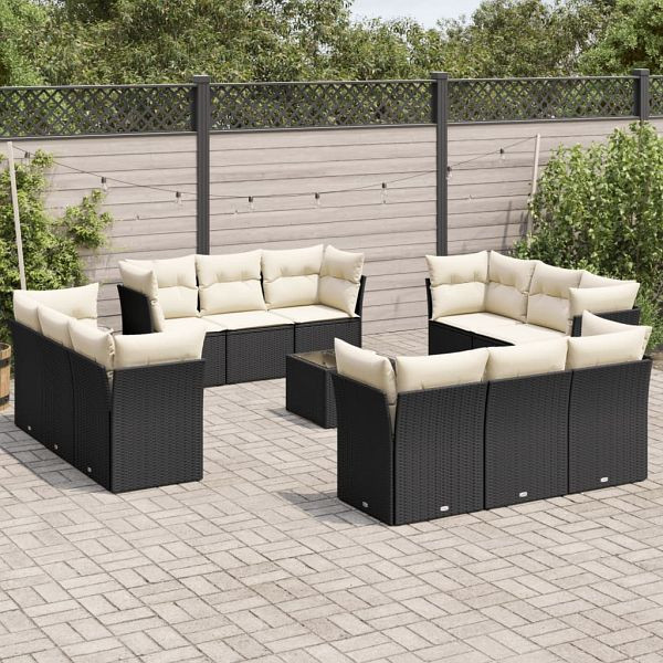 vidaXL 13-teilig Garten-Sofagarnitur mit Kissen Schwarz Poly Rattan, 3217336