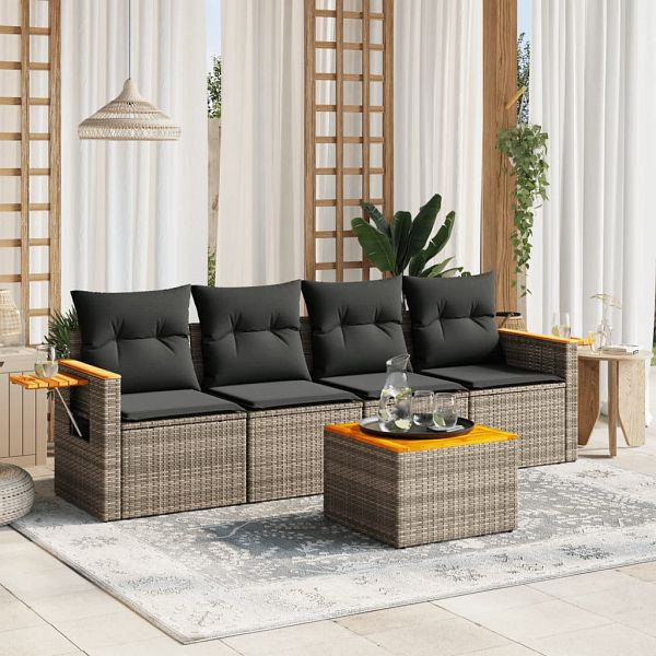 vidaXL 5-teilig Garten-Sofagarnitur mit Kissen Grau Poly Rattan, 3226620
