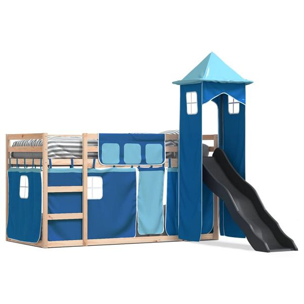 vidaXL Etagenbett mit Rutsche und Gardinen Blau 80x200 cm, 3284198