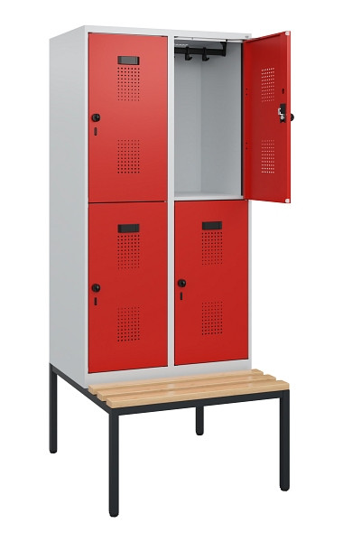 C+P Doppelstöckiger Spind Evolo PLUS, Bank, 4 Fächer, 1950x800x815mm, 7035/3020, Drehriegel, Sitzfläche Buche-Hartholz, Sitzbank, 0493505-22 S10005