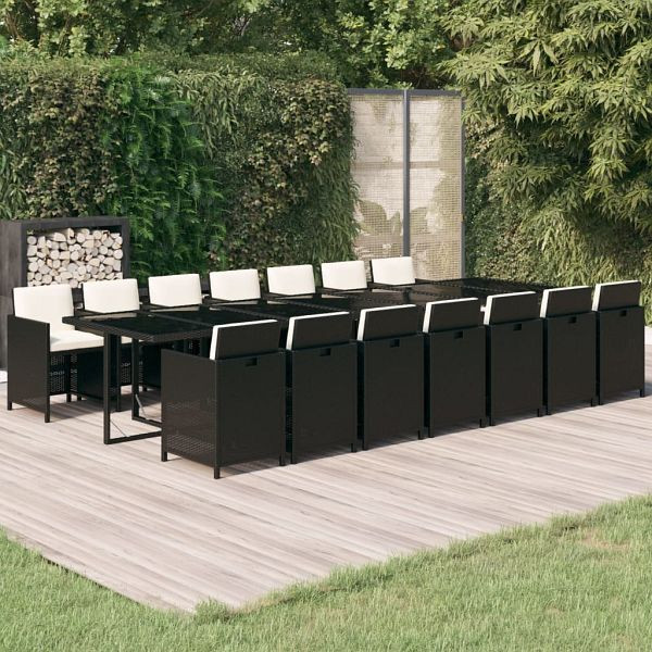 vidaXL 15-teilig Garten-Essgruppe mit Kissen Poly Rattan Schwarz, 3095638