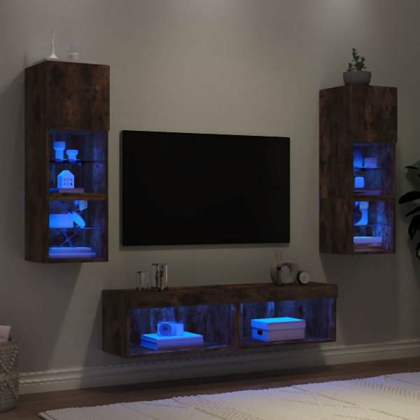 vidaXL 6-tlg. Wohnwand mit LED-Beleuchtung Räuchereiche Holzwerkstoff, 3216619