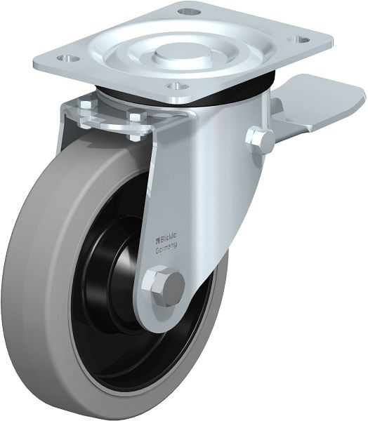 Blickle L-POEV 161K-ST-SG Stahlblech-Lenkrolle, mittelschwere Ausführung, mit Anschraubplatte & Feststeller, Elastik-Vollgummi, Grau, 850606