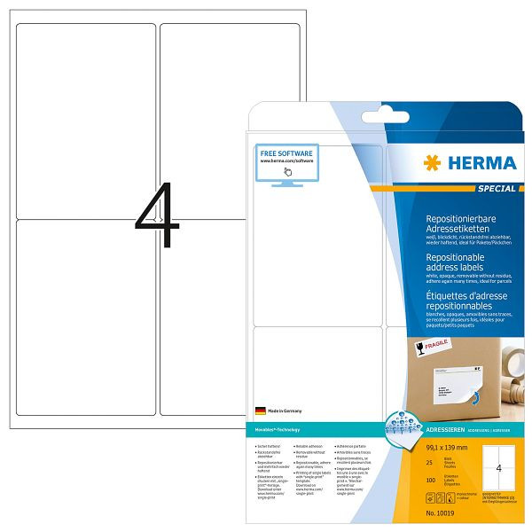 HERMA 10019 Adressetiketten, 99,1x139 mm, weiß, ablösbar, matt, blickdicht, 100 Stück, 10019