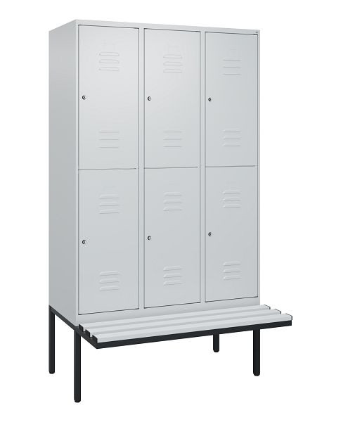 C+P Doppelstöckiger Spind Classic PLUS, 3 Abteile, 2120x1200x815mm, 7035/7035, Zylinderschlösser, schwebende Sitzfläche, 0803407-32 S10024