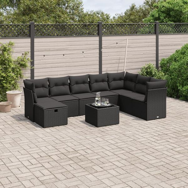 vidaXL 9-tlg. Garten-Sofagarnitur mit Kissen Schwarz Poly Rattan, 3263281