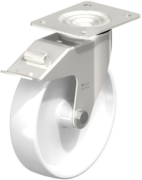 Blickle LEX-PO 200G-FI Edelstahl-Lenkrolle mit Anschraubplatte & Feststeller, Polyamid, Weiß, 422345