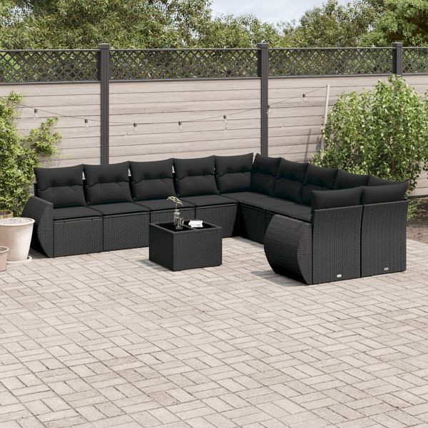 vidaXL 11-tlg. Garten-Sofagarnitur mit Kissen Schwarz Poly Rattan, 3221914