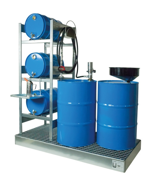 Rapid Abfüllplatz mit Auffangwanne für 3x 60 l + 2x 200 l, inkl. pneumatischer Ölpumpe und digitaler Handdurchlaufzähler, 25 081