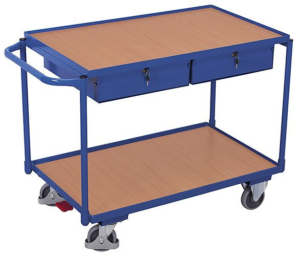 VARIOfit Tischwagen mit 2 Ladeflächen und 2 Schubladen, Außenmaße: 1.175 x 625 x 850 mm, RAL 5010 enzianblau, sw-600.504