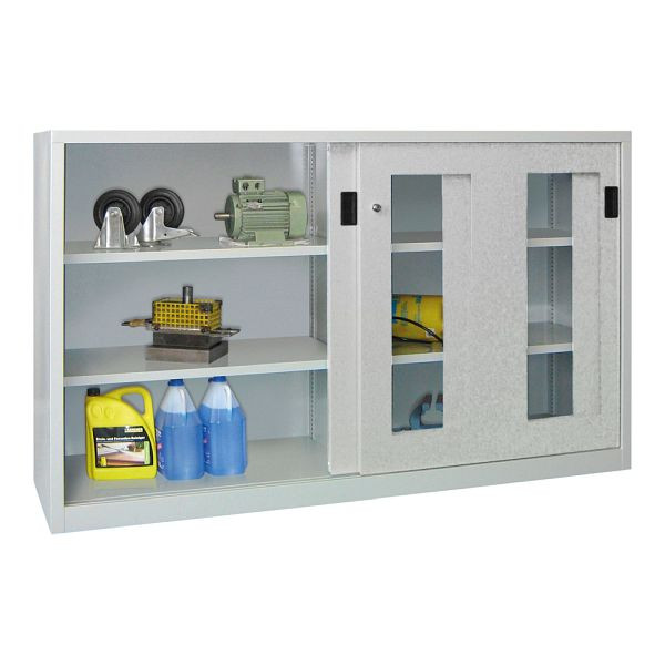 Pavoy Schwerlastschiebetürschrank 1200/2000/600, Mitteltrennwand, 4 gepulverte Fachböden; Sichtfenstertüren; Drehdruckzylinderschloss, 30331-200-691-910611