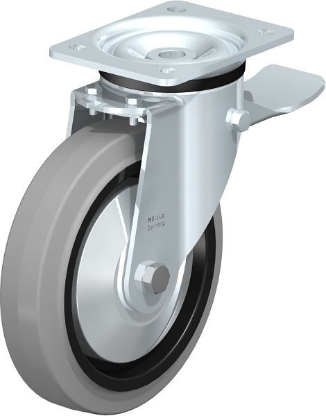 Blickle LK-POEV 200XKA-ST-SG-FA Stahlblech-Lenkrolle, schwere Ausführung, mit Anschraubplatte & Feststeller, Elastik-Vollgummi, Grau, 851361