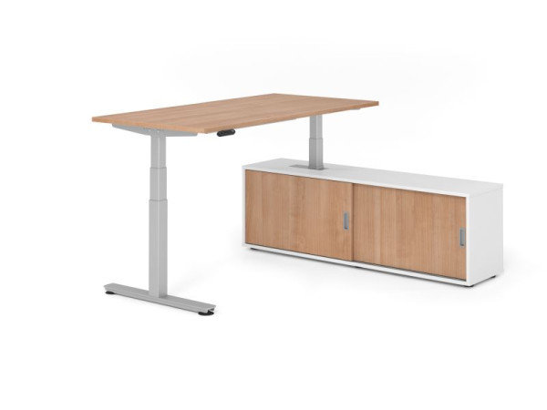 Hammerbacher Schreibtisch XDSM16, 160x80cm, Platte: Nussbaum, T-Fuß Gestell Silber, Höhe: 63 - 127 cm, Weiß / Nussbaum, VXDSM16SB/N/S/W/N