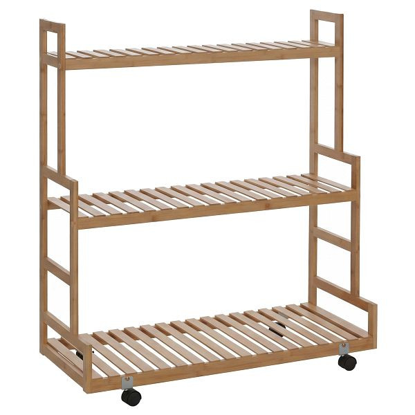 Mendler Bambus Pflanzenregal HWC-Q33, Blumentreppe Blumenständer Pflanzentreppe, 3 Ablagen Rollen 105x90x38cm, natur, 121372