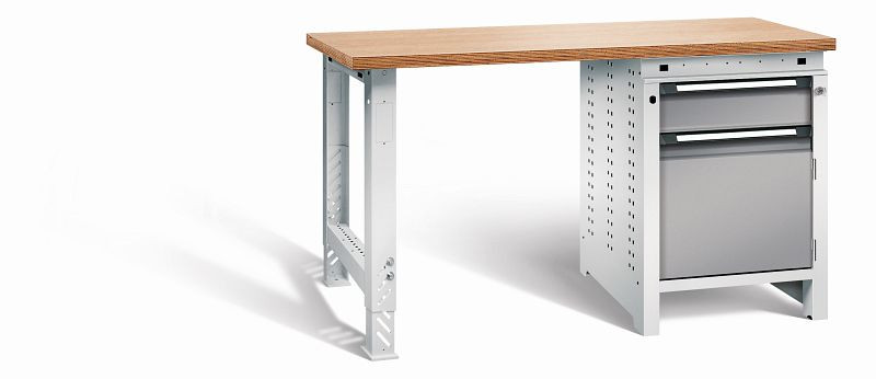 Otto Kind Werkbank function Typ 204, überstehende Multiplex-Arbeitsplatte, 1 Fußgestell, 1 Unterbau, Gehäuse RAL 7035, Front RAL 7037, 072190067